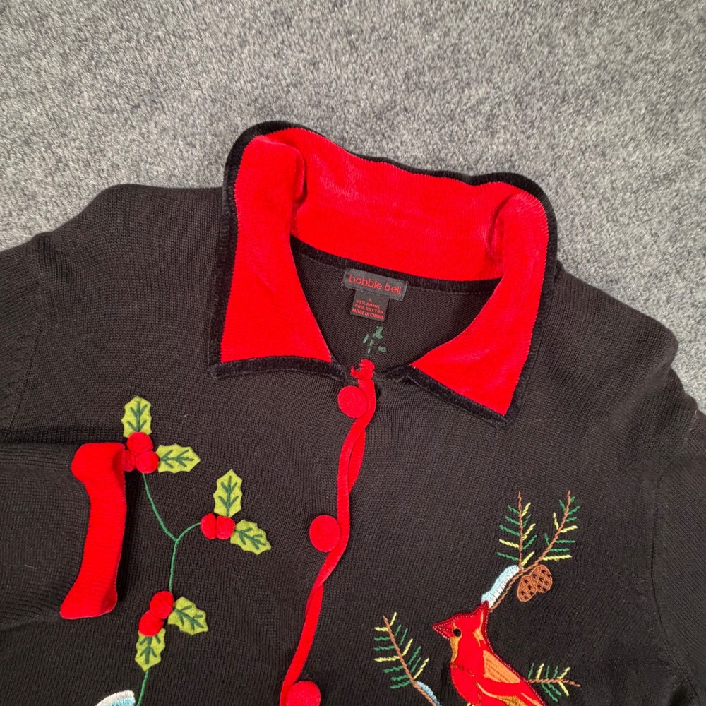 Bobbie Bell Cardinal Christmas Cardigan Sweater Womens Large Black Red 0912